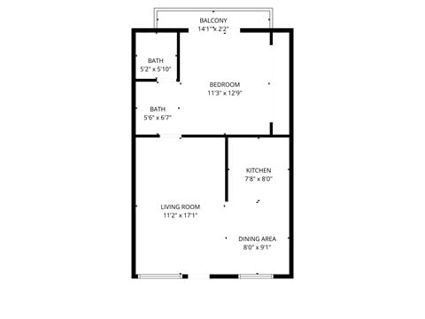 Floor plan for 1 bed, 1 bath, 771 sqft